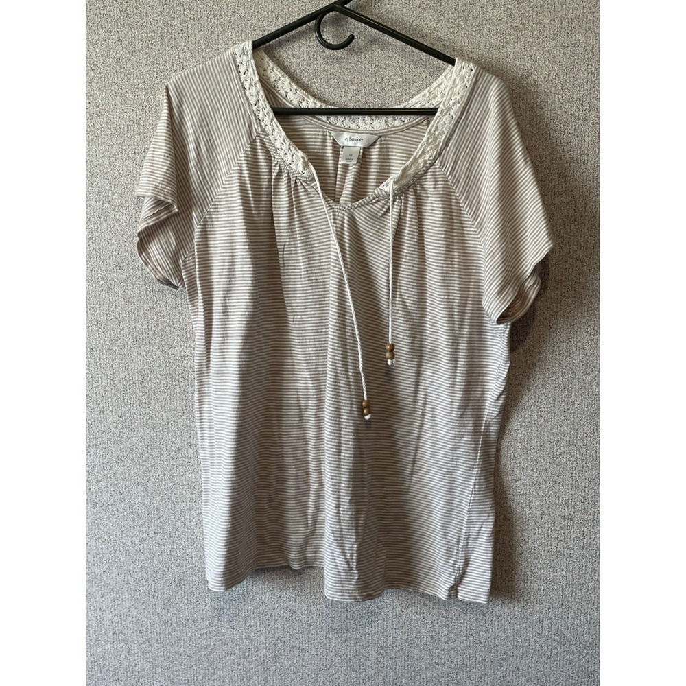CJ‎ Banks Women's Striped Tunic Top 1X Raglan Crochet V Neck Beige White